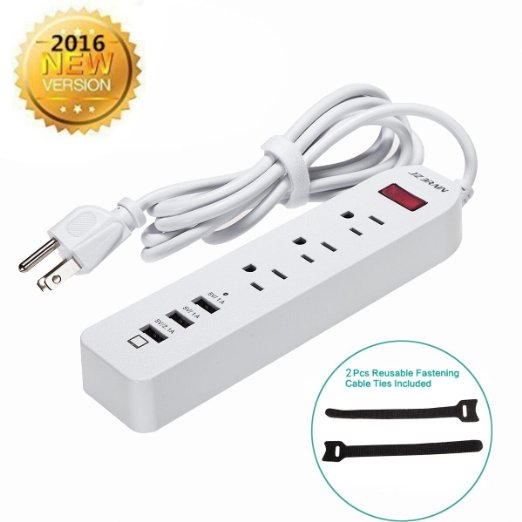 JZBRAIN 3 Way Outlet Fireproof 1250W10A with 3 USB Ports 5V24A1 and 5V1A2 Charging Ports Mini Power Strip with 18m Extension Lead for Home Appliances White