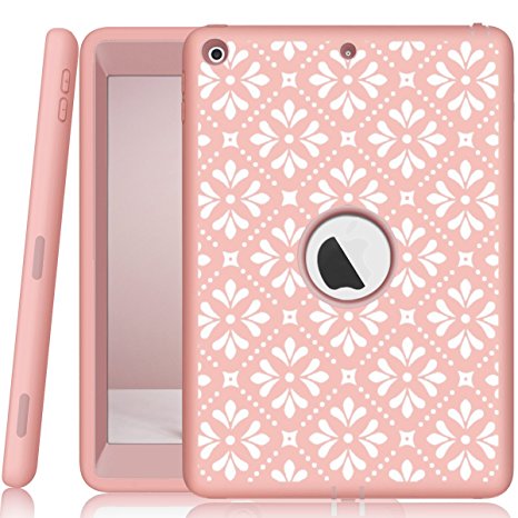 iPad A1893/A1954/A1822/A1823 Case, Hocase Heavy Duty Shockproof Silicone Rubber Hard Shell Hybrid Protective Case w/ Cute Floral Pattern for iPad 9.7 5th/6th Generation 2017/2018 - Rose Gold Pink