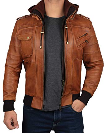 Black Bomber Leather Jacket Men - Genuine Lambskin Hooded Brown Leather Jackets for Men