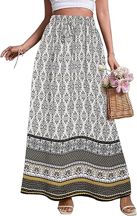 Zeagoo Women's 2024 Boho Floral Skirt Casual Elastic High Waist Maxi Skirts Flowy A Line Beach Long Skirt with Side Pockets