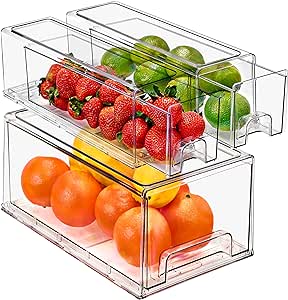 Sorbus Fridge Drawers - Clear Stackable Pull Out Refrigerator Organizer Bins - Food Storage Containers for Kitchen, Freezer, Vanity & Fridge (3 Pack | 1 Large, 2 Small Stackable Drawer Bins)