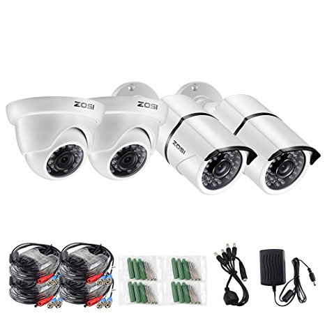 ZOSI 4PCS 960H 1000TVL Analog Security Camera,1/3" Color CMOS Day/Night Indoor/Outdoor Weatherproof CCTV Camera,2 X Metal Bullet Camera and 2 X Metal Dome Camera