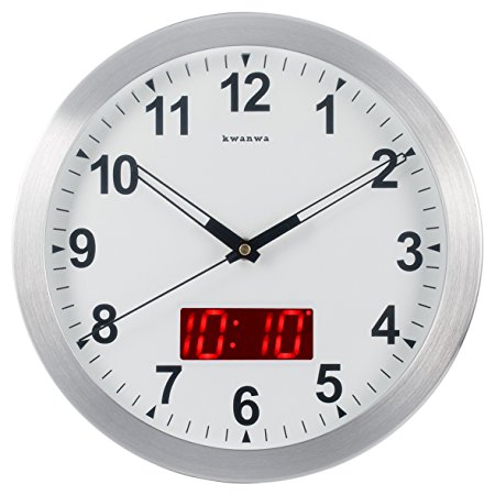 Kwanwa 12" Metal Frame Quartz LED Analog Wall Clock Battery Operated Only with Non Ticking Silent Quiet Sweep Second Hand And Big 1.2'' LED Time or Temperature Display