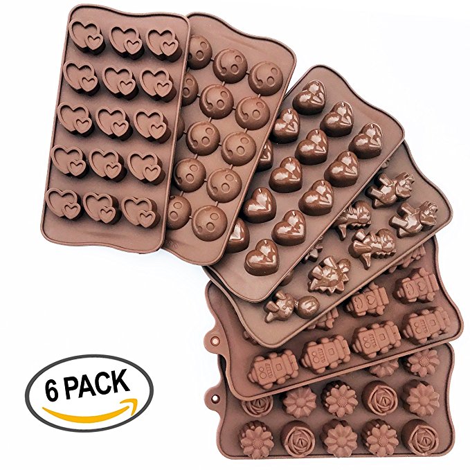 6-PACK Silicone Gel Non-stick Chocolate, Jelly and Candy Mold, 15 Cavities Each, Bon-Bon Cake Baking Mold (Set of 6, Different Styles)