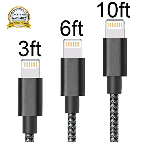 Airsspu Lightning Cable,3Pack 3FT 6FT 10FT Nylon Braided USB Cord Charging Cable,Charger and Sync for iPhone 5/5S/5C/SE 6/6S 6 Plus/6S Plus 7/7 Plus,iPad mini/nano7 and more(Black White)
