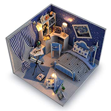 Blue Miniature DIY Wooden Dollhouse Mini Creative Room With Furniture, Accessories & Kits | Cute Elegant Dollhouse With Lights & Easy Assembly | Great Gift Idea for Birthdays,Collectors, Crafts & More