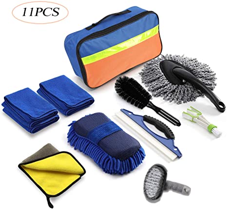 ANGNYA Car Wash Cleaning Kit With Storage Bag Professional 11Pcs Car Cleaning Tools With Sponge,Window Water Blade Brush, Water Absorption Towel, Microfiber Cloths, Double Head Duster, Tire Brush