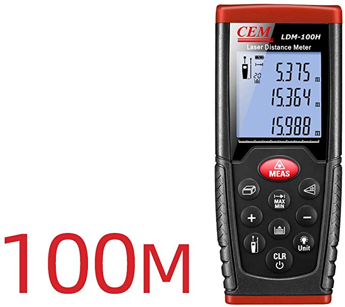 CEM LDM-100H 330ft 100m Outdoor Laser Distance Meter Laser Tape Measure with LCD Backlight,Pythagorean Mode, Measure Distance, Area and Volume,Battery Included (330ft/100m)