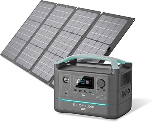 EF ECOFLOW Portable Power Station RIVER Max 576Wh with 110W Solar Panel, 3 600W (Peak 1200W) AC Outlets, Solar Generator for Outdoors Camping RV Hunting Emergency(Gray)