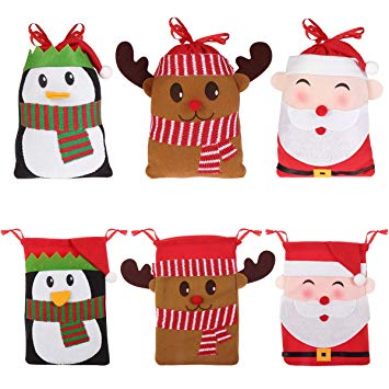 Hemoton 6PCS Large Christmas Candy Bags Gift Treat Bags for Favors and Decorations, Super Cute Santa Claus, Deer, Penguin
