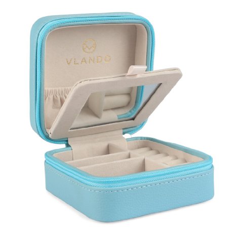 Vlando Small Portable Travel Jewelry Box with Mirror (Blue)