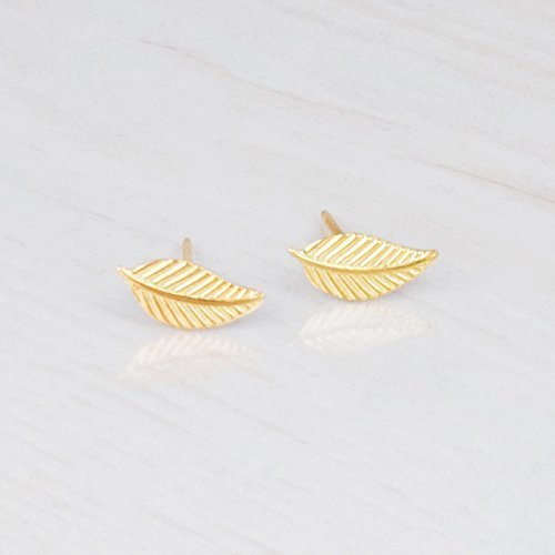 Tiny Gold Leaf Stud Earrings - Designer Handmade Small Feather Post Earrings