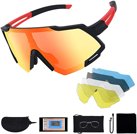 Flintronic Gafas de Sol Polarizadas, Gafas de Ciclismo con 5 Lentes Intercambiables UV400 Bicicleta Montaña, Gafas de Sol Deportivas,100% De Protección UV, Con Caja de Embalaje + Bufanda, Gris Premium