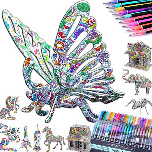 10-PACK 3D Coloring Puzzle Set: 10 3-D Puzzles  48 Gel Pens by Talented Kidz. 3D Puzzles for Adults & 3D Puzzles for Kids Ages 10-12. Best Model Builder STEM Art Crafts for Girls High IQ Creative Gift