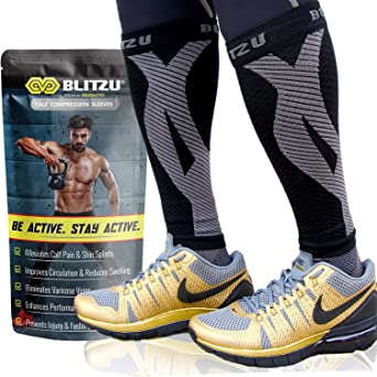BLITZU Leg Performance Support Calf Compression Sleeve Socks for Shin Splint & Calf Pain Relief [One Pair, Black Small/Medium]