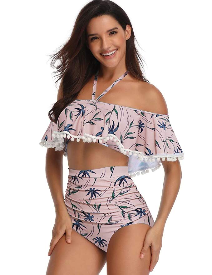 Coauan Women Two Piece Off Shoulder High Waist Bikini Crop Flounce Tassel Swimsuit