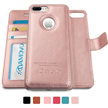 AMOVO iPhone 7 Plus Case, iPhone 7 Plus Wallet Case [Detachable Wallet Folio] [2 in 1] [Premium Vegan Leather] iPhone 7 Plus Flip Cover with Gift Box Package (iPhone 7 Plus (5.5") Rose Gold)