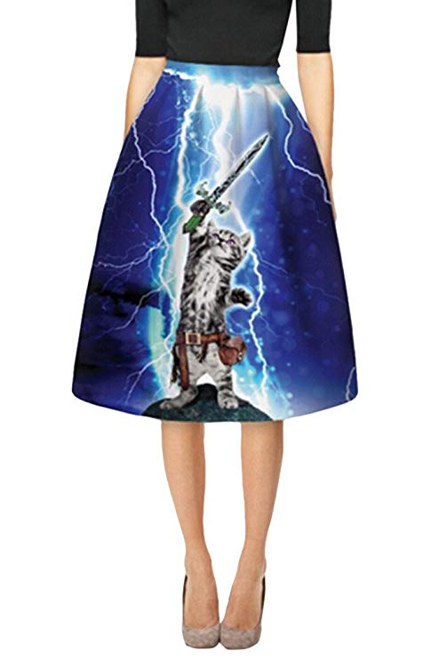 VOGRACE Women's Digital Print High Waisted A-Line Flared Pleated Midi Skirt