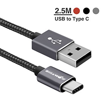 USB C Cable Nylon Braided, BlitzWolf 2.5m 3A USB Type C Cable Fast Charging Charger with Magic Tape Strap for Nexus 5X 6P, OnePlus 2/3T, Nokia N1, Xiaomi 4C, Zuk Z1, Lumia 950, New MacBook Pro, Google ChromeBook Pixel(2.5M Black)