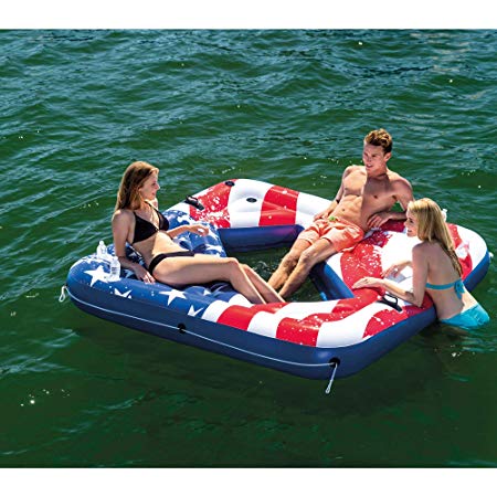 Intex American Flag Inflatable 2 Person Pool Tube Float with Cup Holders