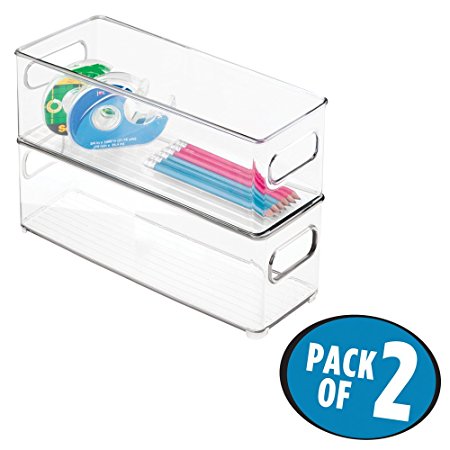 mDesign Office Supplies Desk Cabinet Organizer Bin for Pens, Pencils, Markers, Highlighters, Tape - Pack of 2, Deep, Clear