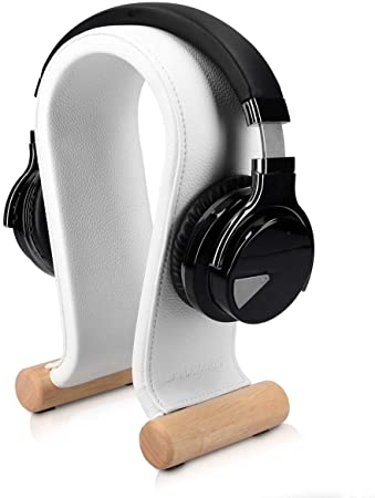 Navaris Omega Headphone Stand - Synthetic Leather Headset Hanger with Wood Base - Holder for Wired, Wireless, Gaming, DJ, Studio Headphones - White