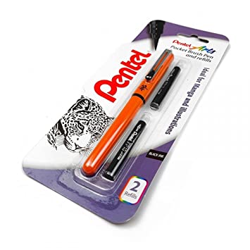 Pentel Refillable Pocket Brush Pen - With 2 Black Ink Cartridges - Orange Barrel