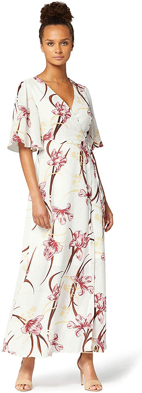 Amazon Brand - Truth & Fable Women's Maxi Chiffon Wrap Dress With Bell Sleeves