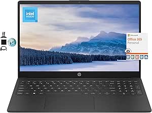 HP 15.6" HD Student Laptop, 1 Year Office 365, Intel Quad-Core N200 Processor, 16GB RAM, 128GB Storage, Webcam, Numeric Keypad, Long Battery Life, Windows 11, KyyWee Accessories