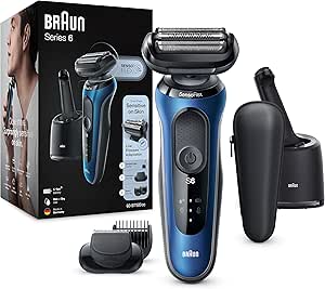 Braun Series 6 Rasoir Électrique Homme À Grille Sans Fil Bleu, Centre SmartCare, Tondeuse à barbe, Technologie Wet & Dry, Rechargeable, 60-B7500cc