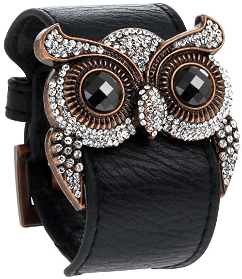 Leather Cuff Bracelet with Crystal Owl Charm, Adjustable Wristband with Metal Alloy Buckle, By Regetta Jewelry