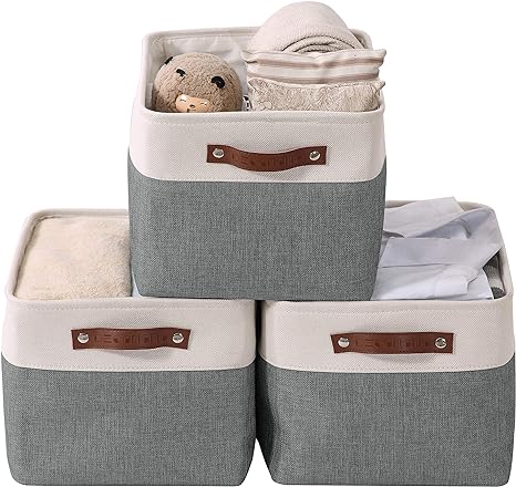 DECOMOMO Storage Bins | Fabric Storage Basket for Shelves for Organizing Closet Shelf Nursery Toy | Decorative Large Linen Closet Organizers with Handles Cubes (Slate Grey and White, Large - 3 Pack)