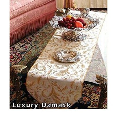 Luxury Damask 13" X 70" Beige Table Runner
