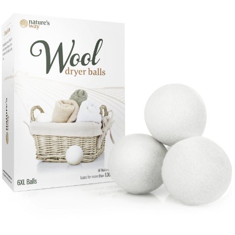 Natures Way Premium 100 Wool XL Dryer Balls 6-Pack - Organic Reusable Natural Fabric Softener and Static Reducer