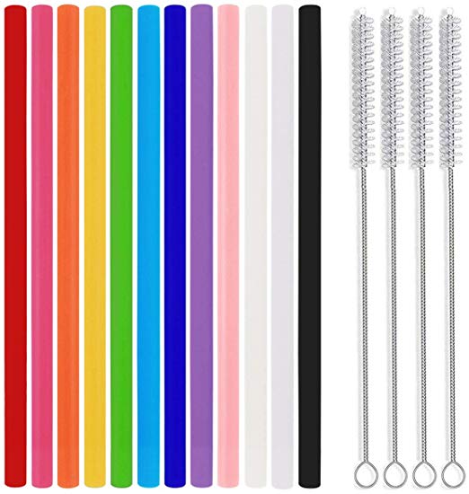 ALINK Kitchen Reusable Wide Silicone Smoothie Straws, Long Collapsible Straight Drinking Straws for 20oz 30oz Tumblers, Set of 12 with Cleaning Brush- BPA Free, Eco-Friendly,no Rubber Tast