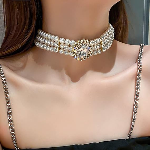 fxmimior Boho Pearl Rhinestones Gold Shiny Choker Necklaces Dainty Rhinestones Pearls Chunky Short 1920s Choker Necklace Chain Multilayer Choker Necklaces Prom Party Bar for Women