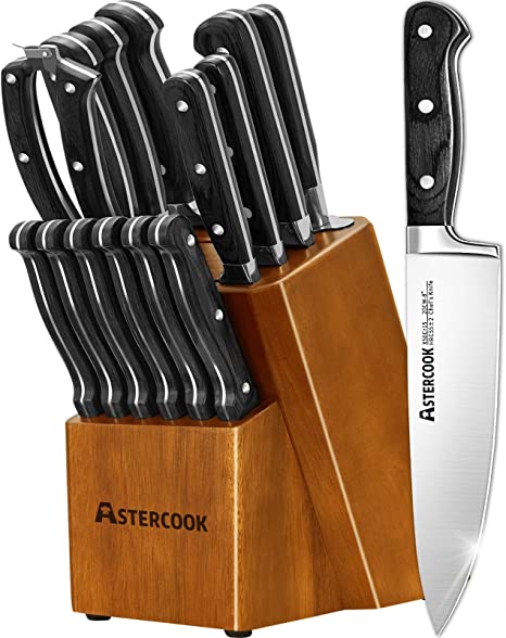 15 Pcs Kitchen Knife Set With Wooden Block, Astercook German Stainless Steel Cutlery With Knife Sharpener & 6 Steak Knives