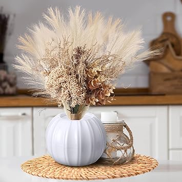 Lyrow Pampas Grass with Pumpkin Vase Boho Table Decor Wedding Bouquet Table Centerpiece Faux Dried Pampas Grass Vase White Artificial Flower for Wedding Fall Thanksgiving Home Boho Decor