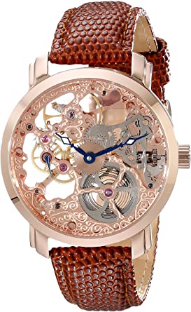 Akribos Automatic Skeleton Mechanical Men's Watch -"Bravura Davinci" Embossed Lizard Leather Pattern Strap - See Through Case with A Skeletonized Dial - Great for Father's Day - AK406