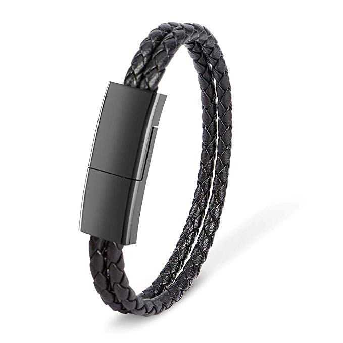 USB Charging Bracelet Cable Fashion Double Braided Leather Wrist Data Charger Cord (Black M（7.2"）)