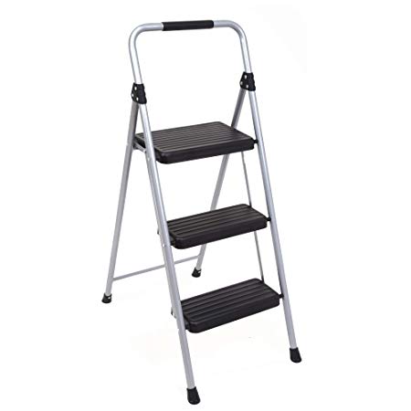 Topfun Folding 3 Step Ladder Lightweight Steel Step Stool Sturdy Anti-Slip Wide Platform with PVC Handgrip Easy-to-Carry Ladder Fully Assembled Multi-Use Ladder for Home and Office (3 Step)