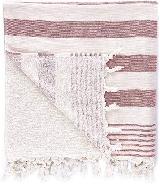 Cottonna 100% Turkish Cotton Fouta Towel | Peshtemal Front with Terry Loop Back | Beach Spa and Bath Towel (Coral Stripes)