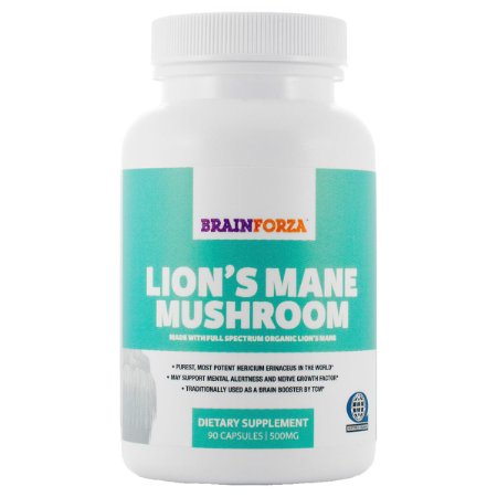 BrainForza Organic Lion's Mane Mushroom (Certified) Memory & Nerve Support, 90 Veggie Caps
