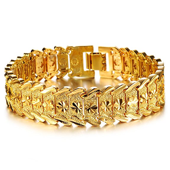 Opk Jewelry Fashion 18k Yellow Gold Plated Men's Link Bracelet Carving Wristband,17mm ,8.2 Inch
