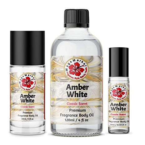 WagsMarket - Amber White Perfume Oil, Choose from 0.33 oz Roll On to 4 oz Glass Bottle, by The Egyptian Musk FactoryTM (0.33oz Roll On)