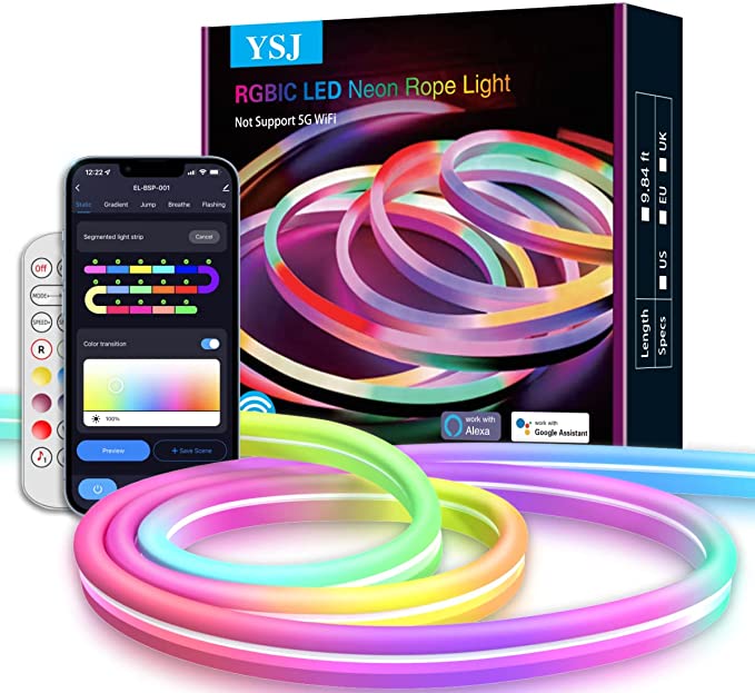 Neon Rope Light, YSJ RGBIC Neon LED Strip with App Control Remote, Works with Alexa, Google Assistant, Music Sync, DIY LED Rope Lights, 10ft LED Lights for Bedroom Gaming Room Dcor Kitchen TV Party