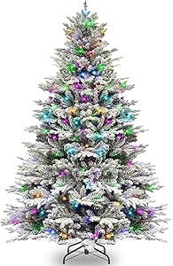 Hykolity 6.5 ft Prelit Snow Flocked Christmas Tree, 2024 PE&PVC Realistic Branch Tips, Artificial Twinkling Christmas Tree with 350 Color Changing LED Lights, Metal Stand and Hinged Branches, 11 Modes