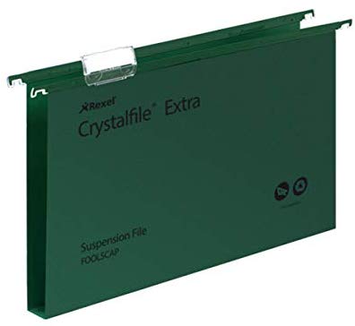 Rexel 70631 Crystalfile Extra Foolscap Suspension File, 300 Sheet Capacity, 30 mm Squared Base Polypropylene, Green, Pack of 25