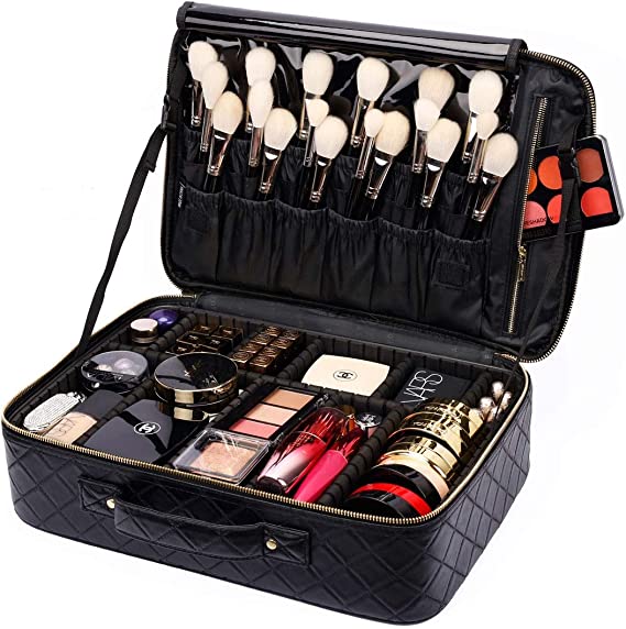 GLAMFORT Portable Travel Makeup Bag Makeup Case Organizer with Large Capacity and Adjustable Dividers (Black，L)