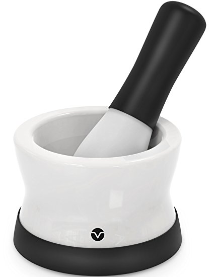 Vremi Mortar and Pestle Set - Porcelain Ceramic Dishwasher Safe Herb Spice Grinder Guacamole Salsa Maker - Apothecary Pharmacy Grade Nonporous with Silicone Base and Grip - Black and White